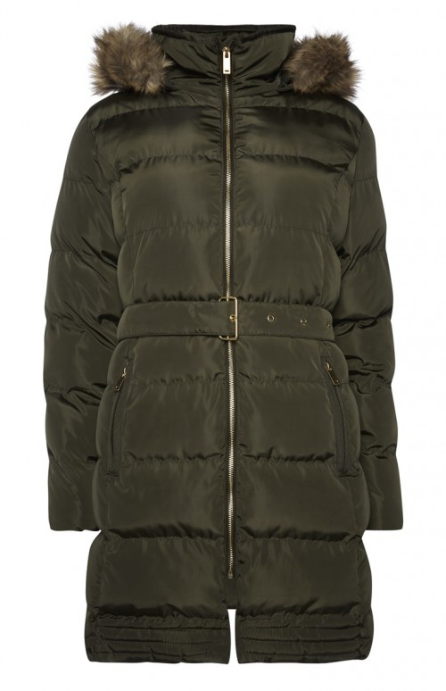 khaki Fauc Fur Hood Puffer Jacket-primark